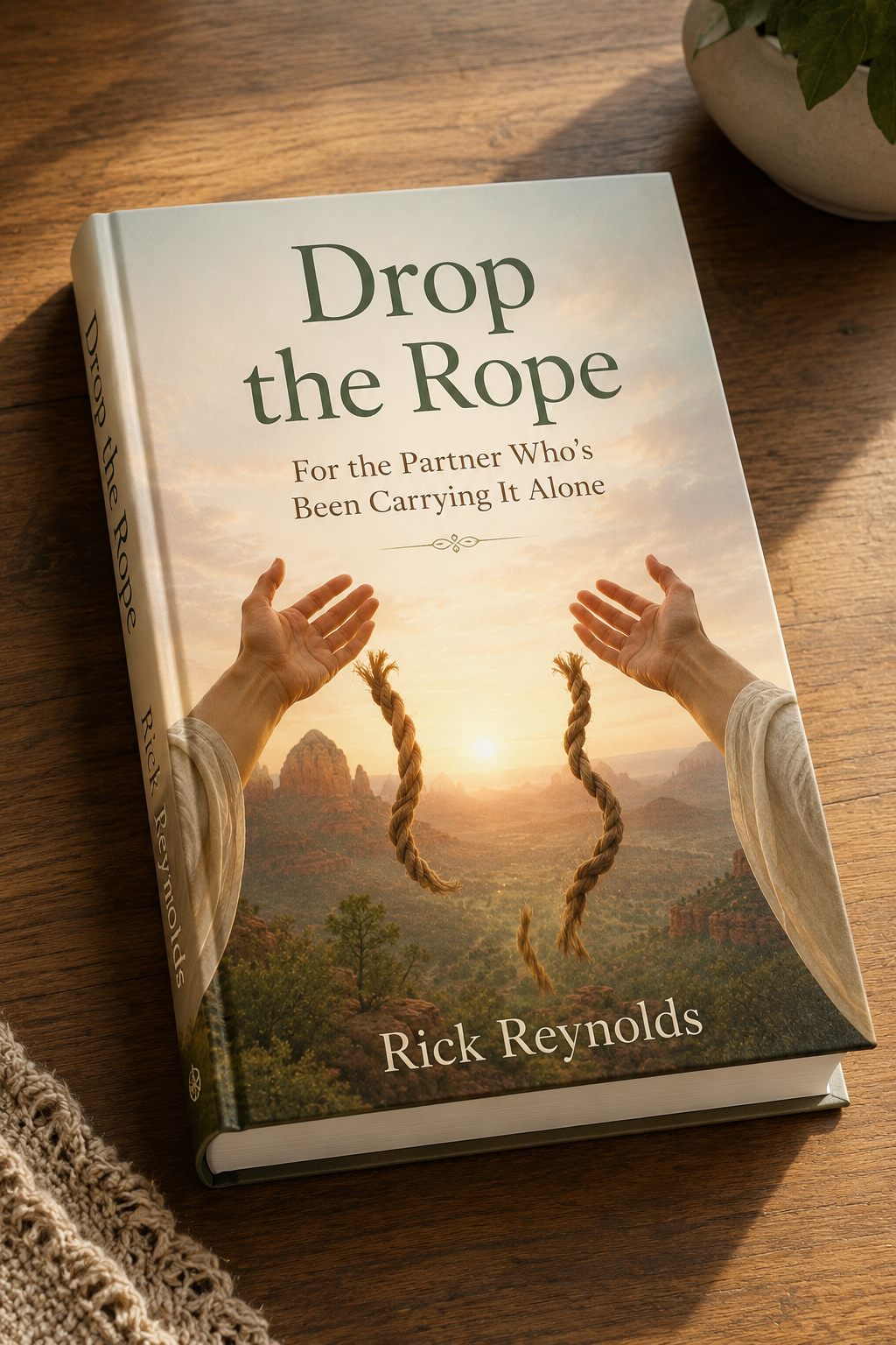 Drop the Rope book cover, two hands releasing a frayed rope over a Sedona sunrise